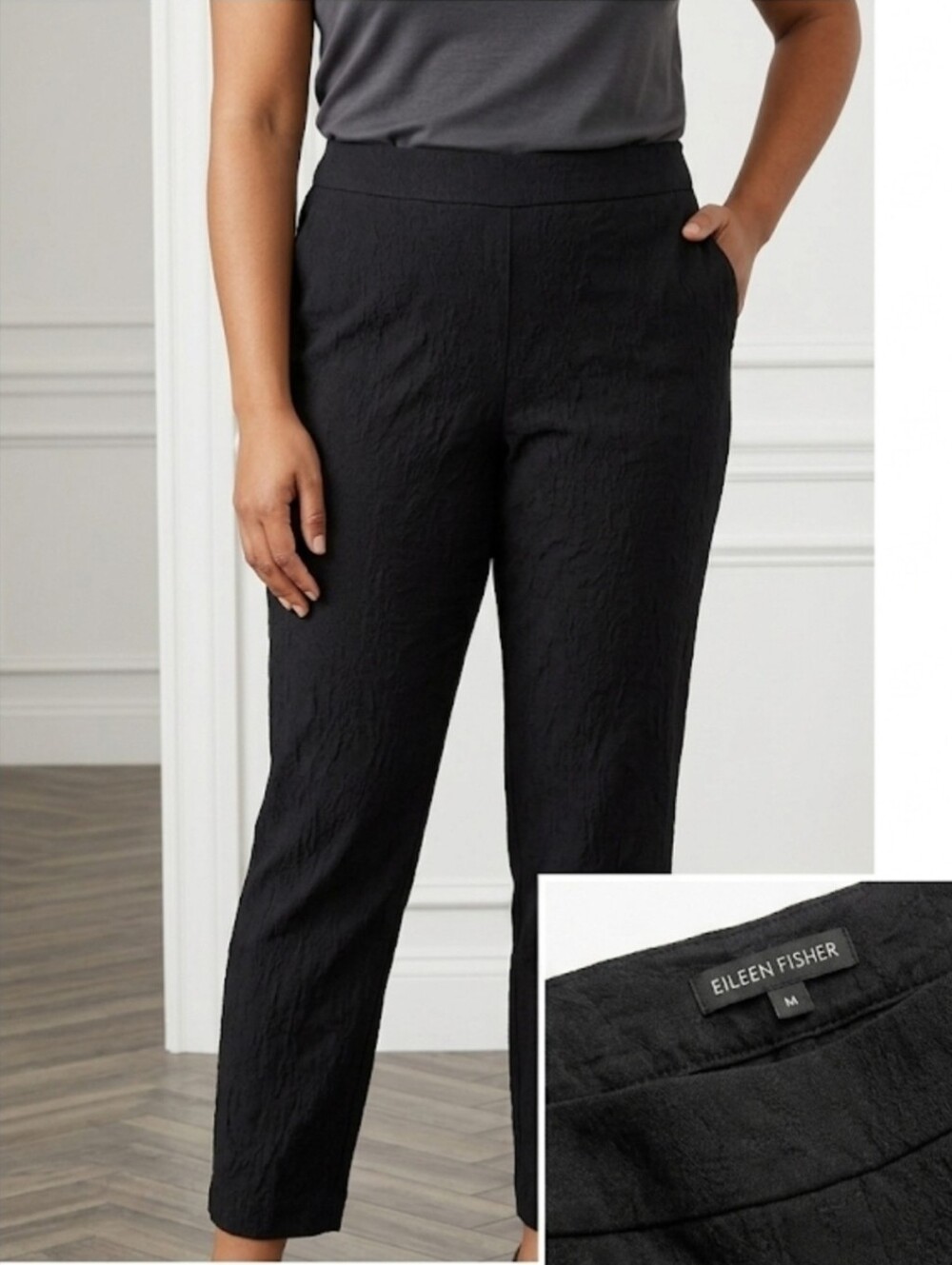 EILEEN FISHER Textured Stretch Cotton Ankle Pants - Size Medium